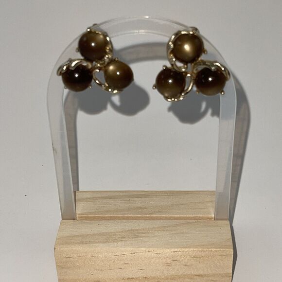 Vintage Jewelry Gold Toned tigers eye Brown Stone Clip On Earrings Cluster B#18 - Picture 5 of 13